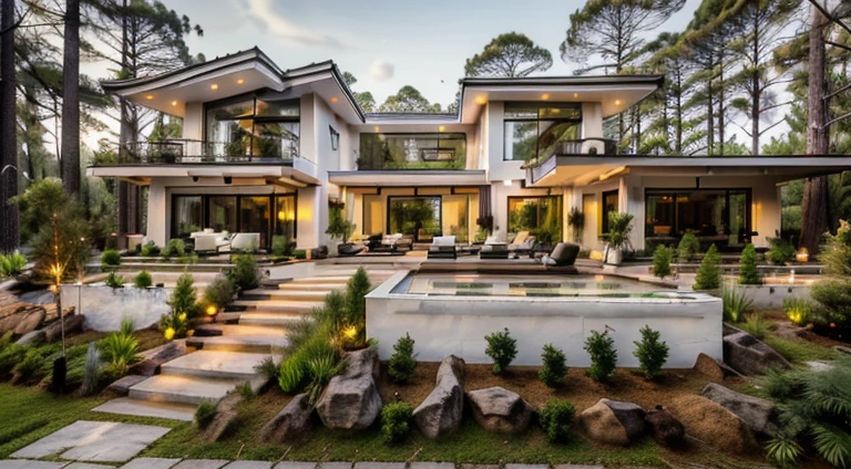Masterpiece, high quality, best quality, authentic, super detail, exterior (white walls:1.5), walking path, garden lawn, natural stone slabs, tropical pine forest, (pine forest:1.5), garden lights, roof windows, chimney, smokestack, (sunset), led stairs, garden lights, BBQ, relaxing sitting space, leather sofa, outdoor wood furniture, umbrella, (soft lighting), vivid colour hight detailed, 8k uhd, dslr, film grain, Fujifilm XT3, AnNguyen_villadalat_v1