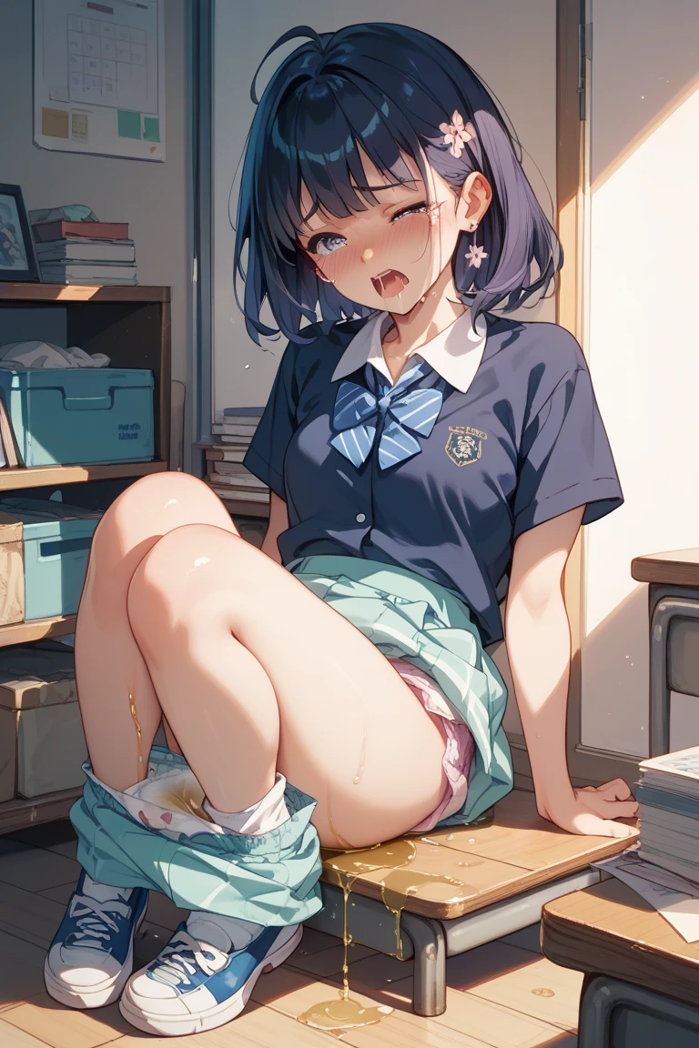 masutepiece, Best Quality,Illustration, Wallpaper, Ultra Detail, little face woman、((fear:1.3))、(Teary-eyed:1.5)、(((Cute underwear)))、She makes me lie down and spread my legs.