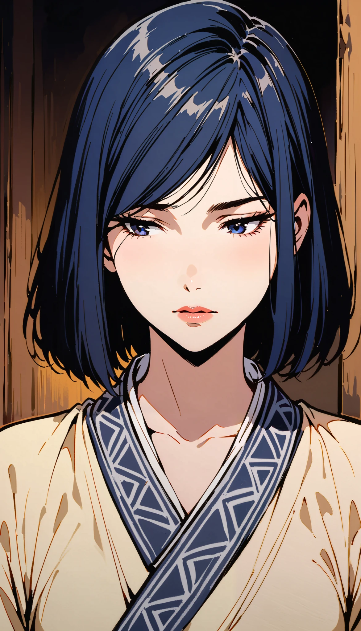 vintage movie, girl, short hair, navy hair, straight hair, woman body, solo
, hyuga clan, shinobi village, konohagakure, (((perfect lips))), perfect hair, looking down, shy, melancholic, ((young)), ((19 years old))