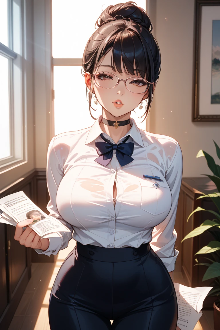 Image in high quality, best quality, best definition, 8k, ultrarealistic, An elegant and sophisticated teacher wearing glasses dresses playfully like an office lady with a short skirt and black socks, revealing her broad chest, cleavage, with long black hair, shiny and silky that reaches to the middle of the back with her ponytail, smiling with his cheeks slightly pink with a slight blush, extremely detailed eyes, extremely detailed hands.