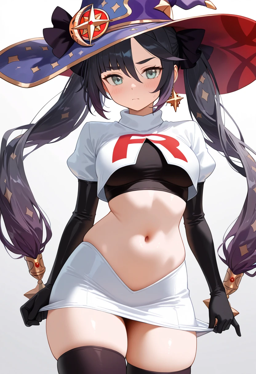 best quality, masterpiece, highres, solo, {mona_genshin:1.15}, long_hair, twintails, bangs, black_hair, breasts, blush, green_eyes, hat, jewelry, star_\(symbol\), witch_hat, earrings, medium_breasts, 1girl, hat_ornament, upper_body, team rocket,team rocket uniform,white skirt,red letter R,crop top,black thigh-highs,black elbow gloves