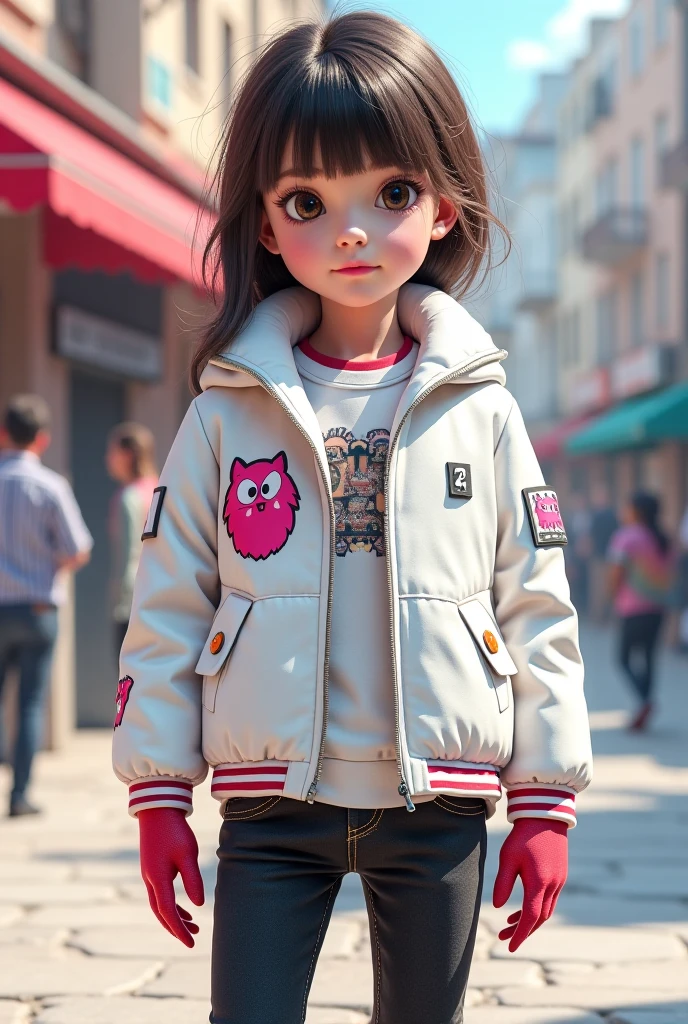 Cute little girl s,Wear a red coat,Carrying a small white school bag,With a gray hat