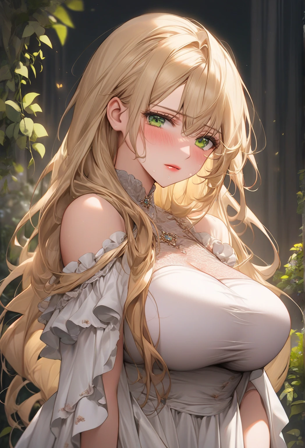 (masterpiece:1.2, highest quality, 8K, advanced details), (realistic, photorealistic:1.4), beautiful illustrations, 
looking at the viewer, whole body, Front view:0.6, 
1 female, 23 years old, Japanese, ((long blonde hair:1.5, Curly hair inside)), blown hair, bangs,  ((big breasts, thin waist, big ass)) 
beautiful hair, beautiful face, beautiful and detailed eyes, (pink eyes:1.3), beautiful clavicle, beautiful body, beautiful breasts, beautiful thighs, beautiful feet, beautiful fingers, perfect anatomy:1.3, perfect anatomy , perfect anatomy:1.3, (forest:1.3), 
((Put your left hand on your chest, open your legs:1.3)), 
(Seductive gaze:1.3) 
((Angel with spread wings:1.8, white robes, corset, choker:1.6)), ((a wet lower body:1.6))