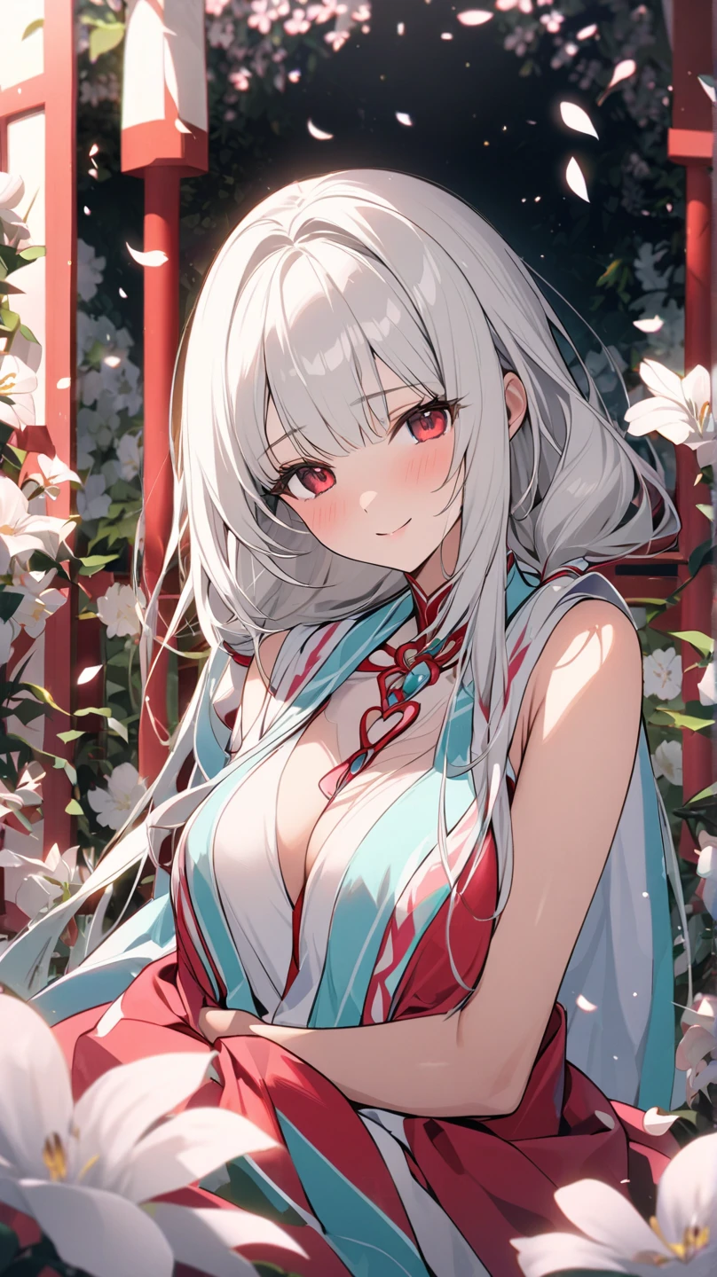 masterpiece, best quality, meticulously detailed, maximalist, by artgerm, 8k anime artwork, ultra-high resolution, trending on ArtStation, stunning beautiful artwork set in a cherry grove under a late spring sunset with a rain of leaves. A 20-year-old, beautiful chubby girl is gracefully posed, adorned in a striking white and red long, closed qipao. Her voluminous silver hair cascades down in long, white ponytail hair, with delicate strands framing her captivating face. The light and transparent veil filling with charm and seduction adds an extra layer of allure to her appearance. Her eye