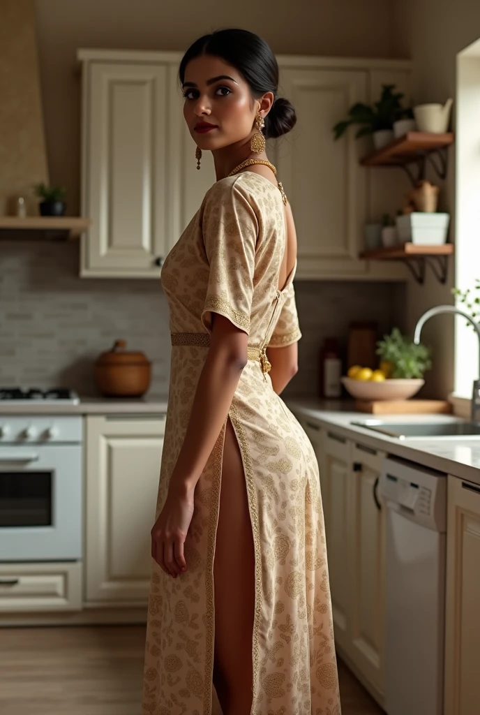 (realistic, high quality, woman on her knees on rug, wearing a fitted maxi dress, rear view, photo taken from behind, facing forward)