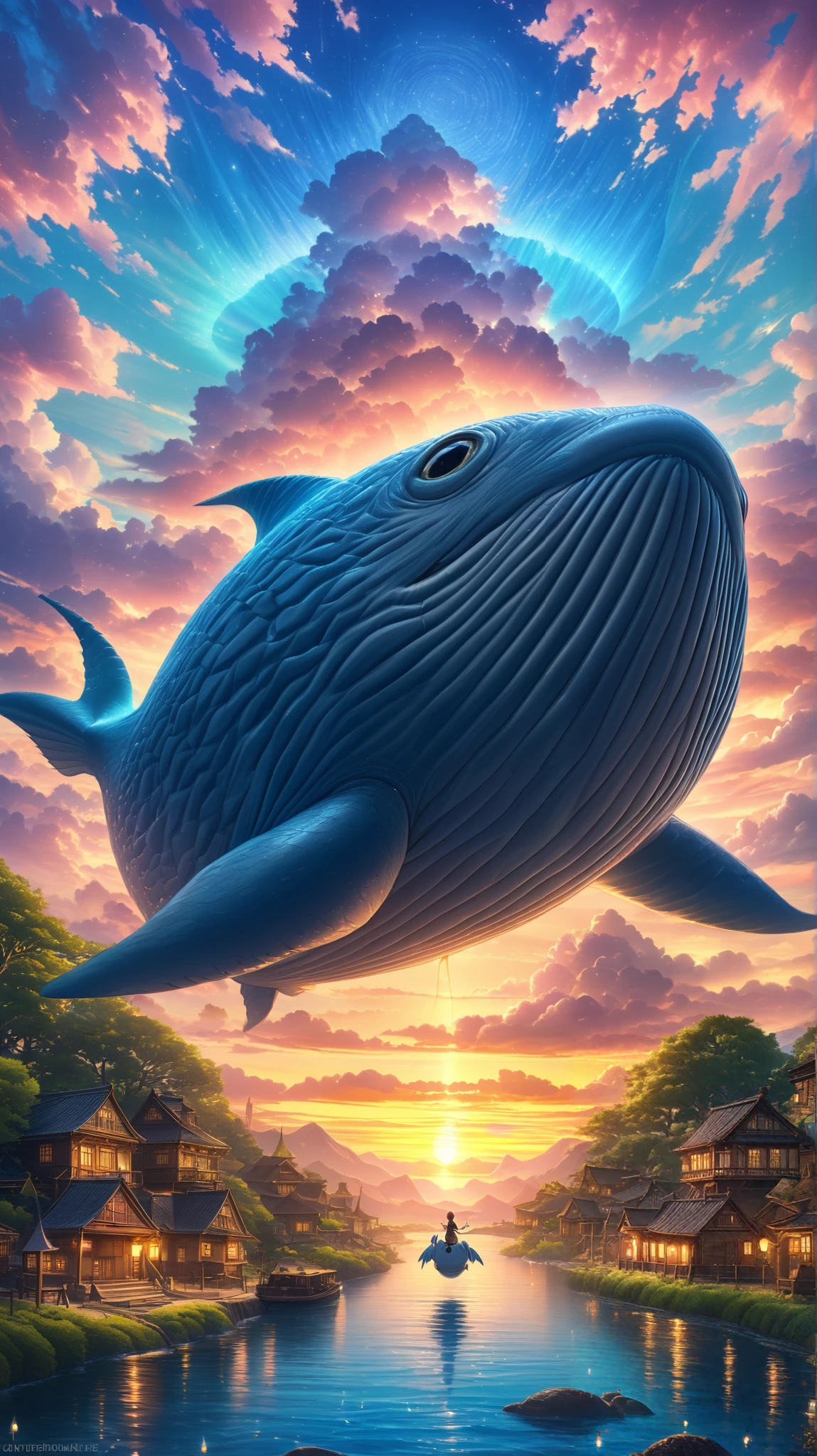 Ultra-detailed 4K anime background of a mystical floating whale island drifting above an endless sea of clouds during sunrise. The massive ancient whale, covered in lush green vegetation and cherry blossom trees, carries a small village on its back, with wooden houses, glowing lanterns, and tiny windmills spinning in the breeze. Waterfalls gently cascade from the edges of the whale’s fins, dissolving into the sky below.
A lone traveler in a flowing cloak stands at the edge of the village, gazing at the vast expanse of floating islands in the distance. Soft pastel clouds glow in hues of pink, orange, and gold, blending seamlessly into the ethereal blue sky. Small spirit-like creatures with glowing eyes float gently around the village, adding a touch of fantasy. The composition is framed from a cinematic aerial perspective, capturing the sense of adventure and magic.
Inspired by viral anime aesthetics and Studio Ghibli’s storytelling charm, this scene features ultra-realistic textures, soft painterly lighting, and rich atmospheric depth, creating an unforgettable dreamlike setting.
Style: Viral anime background, Studio Ghibli-inspired, ultra-realistic, cinematic lighting, highly detailed
Resolution: 4K, highly detailed textures, ultra-sharp edges
Aspect Ratio: 16:9
Lighting: Warm sunrise glow, soft ambient mist, glowing lanterns
Color Palette: Pastel sky tones, deep blues, soft greens, glowing gold highlights