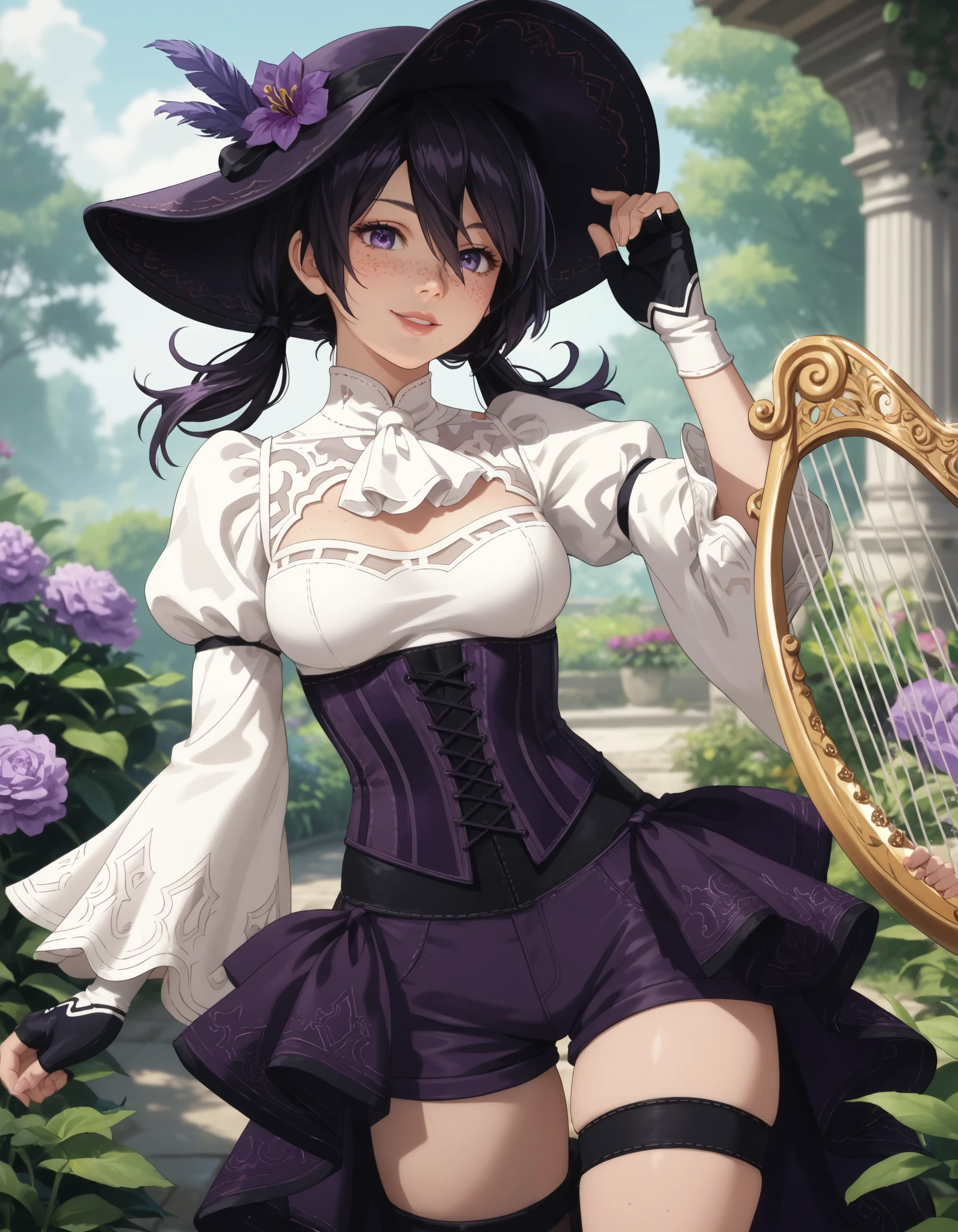 score_9, score_8_up, score_7_up, source_anime, anime_screencap, solo, nier2b, 1girl, purple eyes, detailed eyes, lips, smile, white ascot, wide sleeves, long sleeves, white shirt, feather hat, hat, purple hat, low twintails, medium hair, hair between eyes, black hair, frills, freckles, ouji fashion, purple corset, corset, purple shorts, thigh strap, medium breasts, framed breasts, fingerless gloves, cowboy shot, purple orchids, garden, harp, hand on headwear