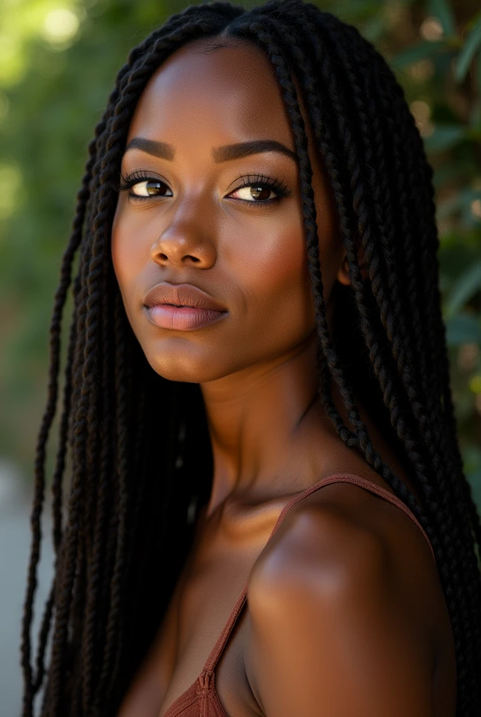 A beautiful beautiful black woman, beautiful silhouette, Cutes + gentle lips+Businessman Tresse) are in a company . Ivorian communications manager very realistic beautiful tanned skin