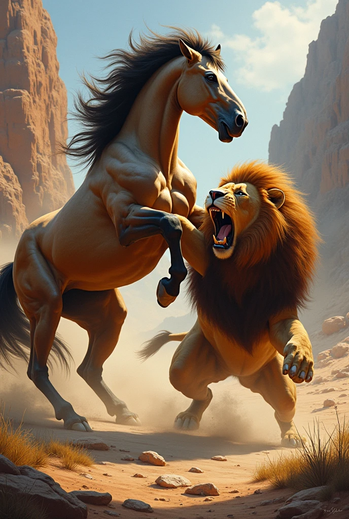 **Ashvak’s Heroic Defense**: Ashvak rearing up on his hind legs, striking out with his hooves to defend against the lion, the tension and danger palpable.