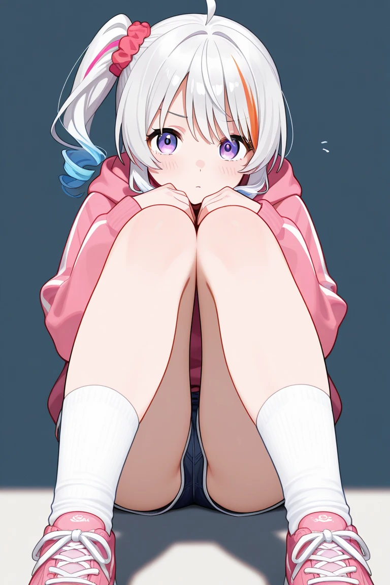 Cozy cute short girl squatting outdoors in white hoodie, cat ears, (floating lens flare bubbles), fangs, (detailed eyes, two-tone eyes, purple turquoise gradient eyes), short white hair, fluffy hair, sneakers, white lingerie, black miniskirt, park scenery in broad daylight, dynamic angle