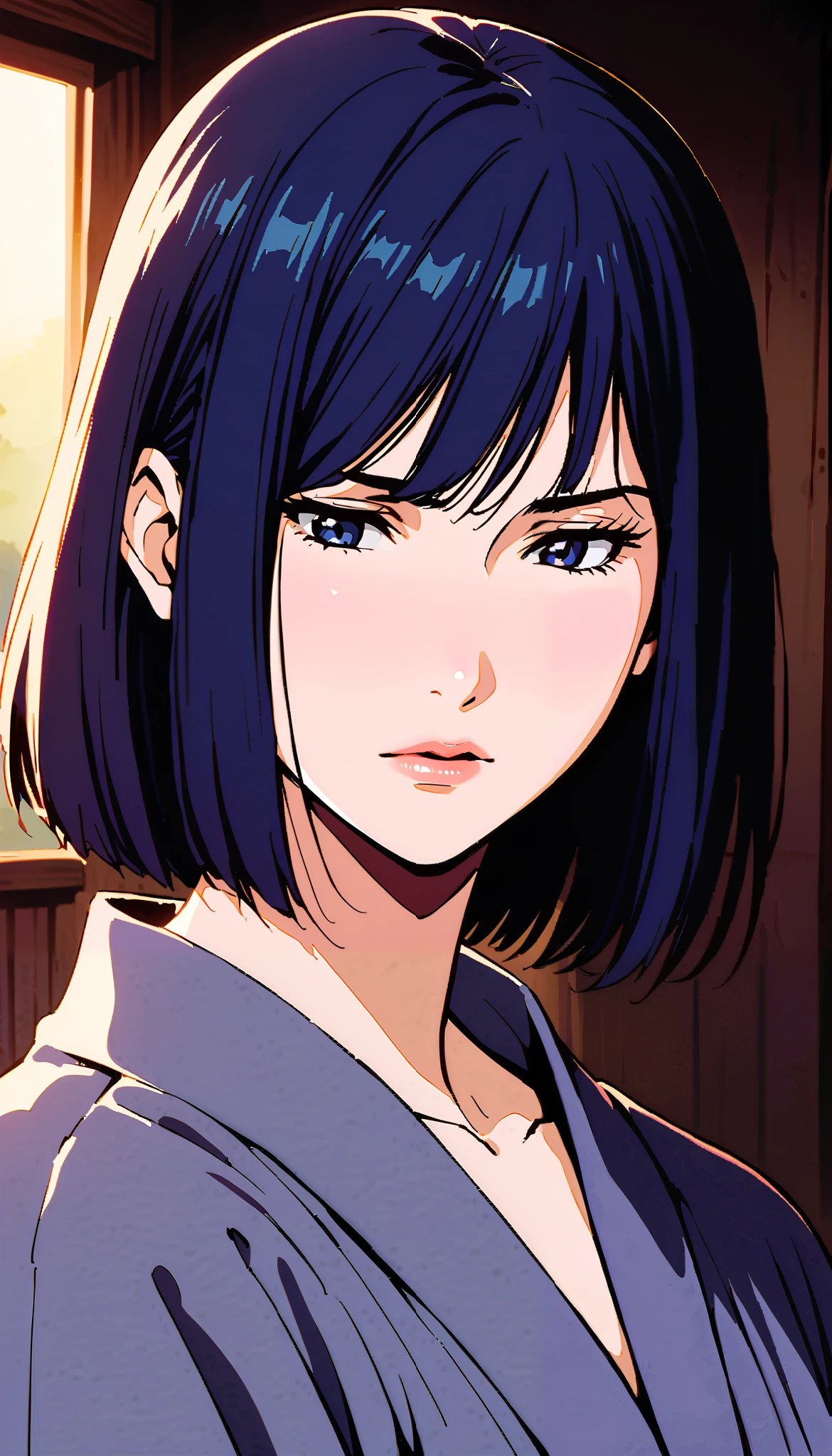 vintage movie, girl, short hair, navy hair, straight hair, woman body, solo
, hyuga clan, shinobi village, konohagakure, (((perfect lips))), perfect hair, looking down, shy, melancholic, ((young)), ((19 years old))