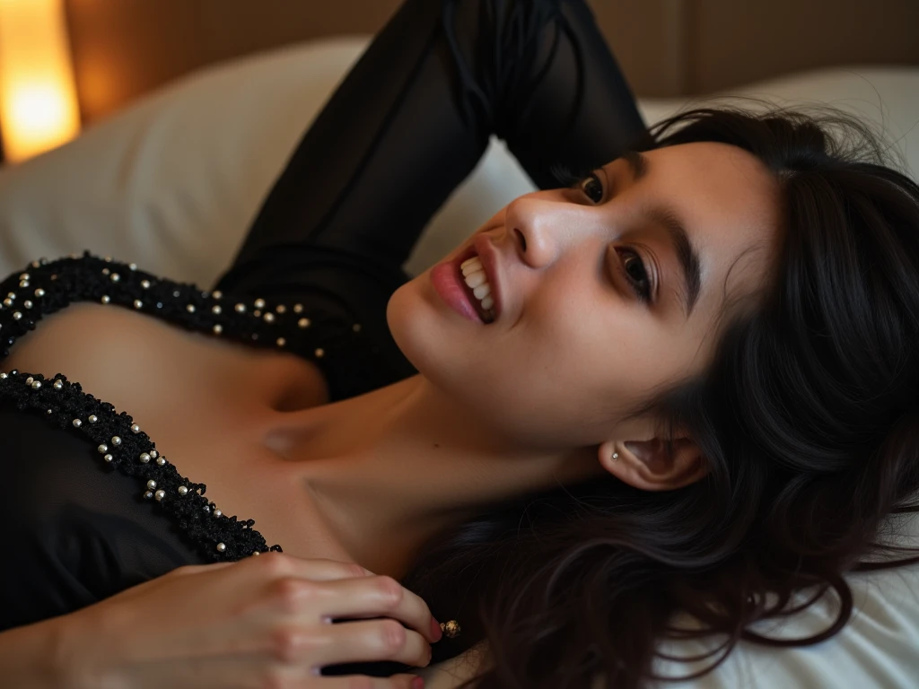(Best Quality, Masterpiece: 1.1), (Fidelity: 1.4), 1 Girl, Upper Body, Very Short Hair, BDSM, Slave, Glossy Leather Corset, Glossy Leather Bondage, Panties, Seductive Pose, ((Looking Up at Beauty from Feet, Super Perspective, View from Below))), Towering Beauty, Condescending Beauty, SFW, On the Bed, Seductive Body, A lot of exposure, Spread your legs, foot main shot, night, bedroom