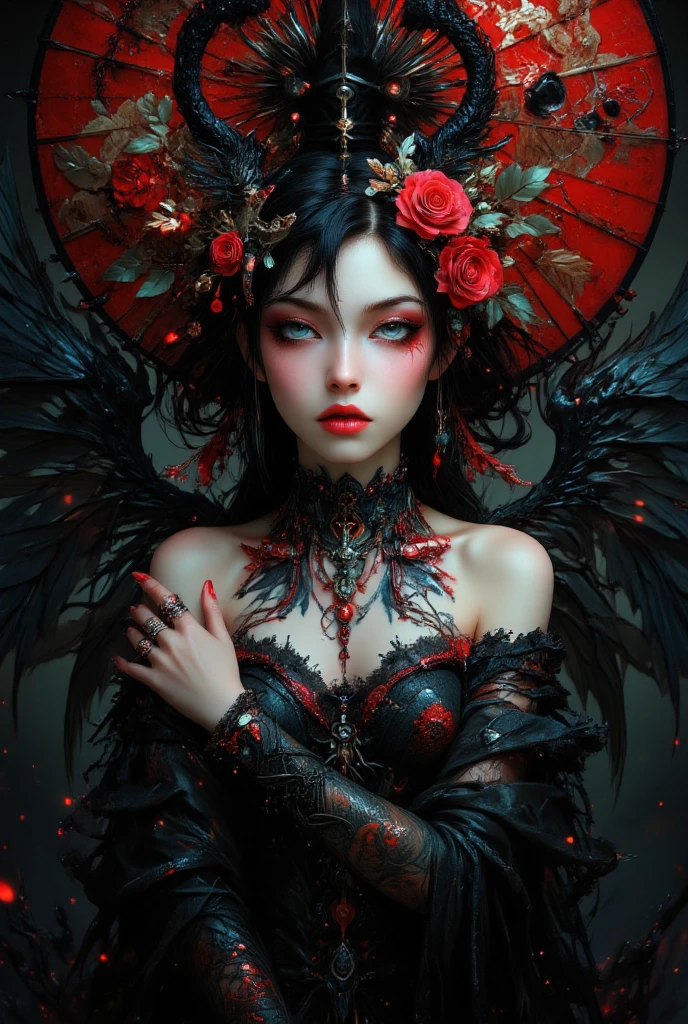 (Masterpiece: 1.2, high quality), (pixels: 1.4), (Song dynasty strokes: 1.4) (wide-angle lens, panorama: 1.2), (panoramic lens: 0.95), (panoramic lens, macro lens: 1.25), dynamic angle, perspective, high point, masterpiece, best quality, 8k, crazy detail, intricate details, super detail, super high quality, early spring willow leaves, often with rain and hatred clouds, extremely beautiful vampire, sideways, face like peach blossom March, implied amorous moon.  The slender waist is curled, the restrained swallow lazy warbler is lazy, the sandalwood mouth is light, and the butterfly chaos that tempts the bees crazy.  Enchanting jade words, beautiful jade fragrance, tense shots (the sky glows red, visual impact, giving the poster a dynamic and visually striking appearance: 1.2), close-up, (analog lens, macro lens: 1.25), colorful colored transparent smooth stones: 1.5, ultra-realistic and complex, body makeover, glowing tattoos, surreal tattoos, highly realistic and complex, tattoo art, detailed neon tattoos