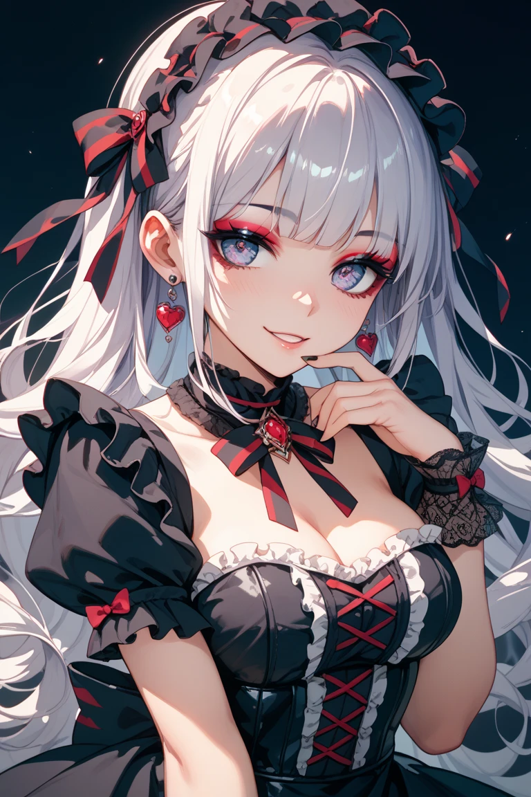 Silver hair, pink eyes, body, cat ears, sexy girl, earrings, heart background fantasy, uniform, hair bow