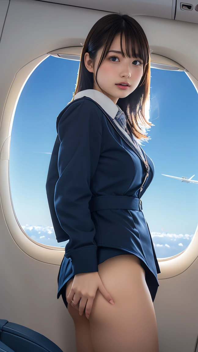8K, of the highest quality, Intricate details, Ultra Detail, Ultra High Resolution, masterpiece, smile, (fluffy brown eyes), 1womanl, Solo, 40 years, (Full Stewardess Uniform:1.4), Standing, ((Beautiful face)), (Black short hair), (Detailed face), Detailed lips, Detailed face, Detailed chest, large full breasts, detail, Perfect body, (detail legs), Cowboy Shot, (Background: in an airplane), butt to camera, back shot, ((protruding ass)), ((satin long skirt))