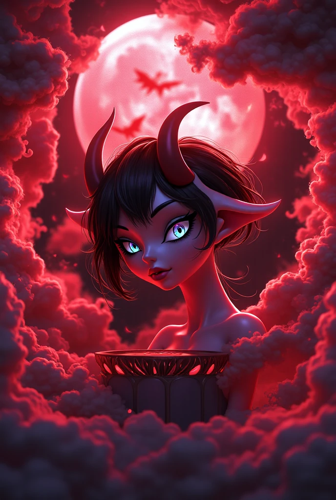 studio portrait of female demon,Tiefling, female, horns,blue eye,short ears,short hair, red skin,  dragon horns, ,  Tiefling,   mysterious,   black ram horns, black curled horns, curved horns, demon horns, long black hair,  rpg, slim waist, wide hips, long legs,artstation trending, high quality, sombre mood, artstation trending, , fantasy, extremely detailed, digital painting, artstation, concept art, smooth, sharp focus, illustration, stunning lighting, art by artgerm and greg rutkowski,  curvy woman,  mature woman,   beautiful and lusty face and body, harmonic face and body, best quality,  , unreal motor render,  grumpy lighting, glow, bright, mysterious, mystical, magical, rim lighting, vibrant