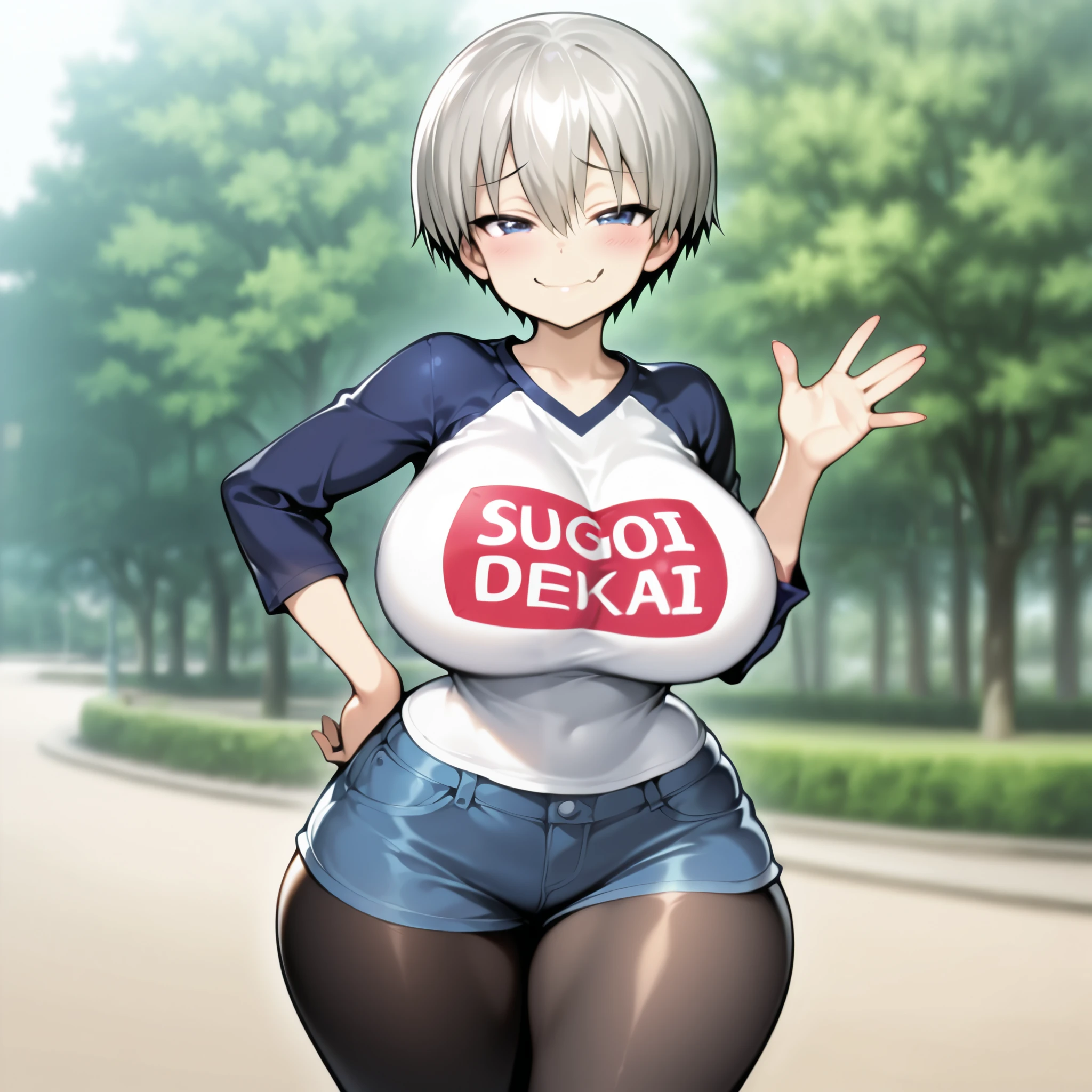 1girl, solo, uzaki hana, big breasts, narrow waist, wide hips, thick thighs, sugoi dekai, white shirt, raglan sleeves, long sleeves, black pantyhose, black legwear, denim shorts, smug smile, cute, hand on hips, waving hand, standing, looking at viewer, park background, from the front view