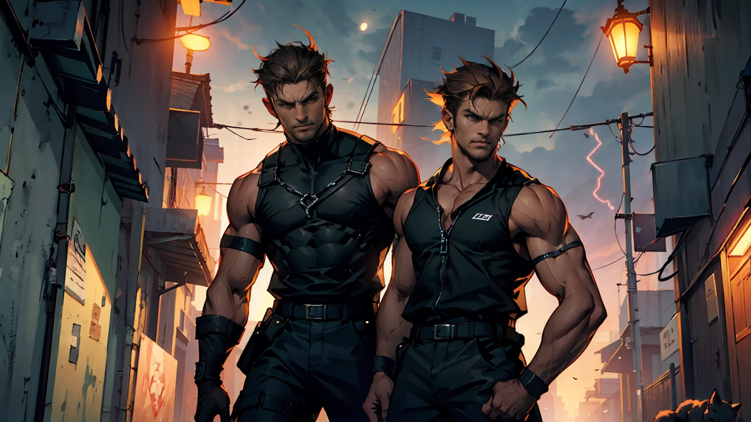 anime guy with cat ears and a harness on his chest, muscular!!, handsome anime pose, makoto shinkai ( apex legends ), tall anime guy with blue eyes, male anime character, fluffy chest, anime handsome man, snk, most strongest pose, shoulders can be seen, muscular!, makoto shinka, handsome guy in demon slayer art, shirtless --auto