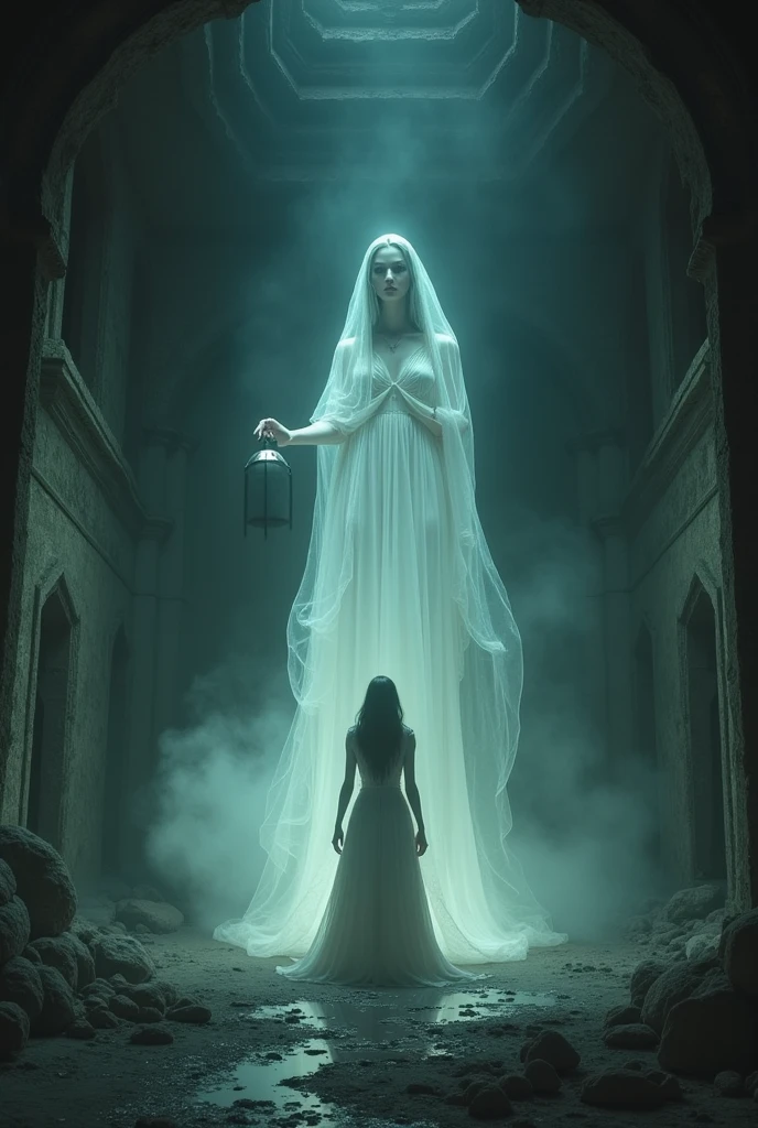 very detailed floating ghost, transcucent purpleish ghost in a extremely detailed cemetery, creepy, mysterious, dark scene, mist, HR Giger