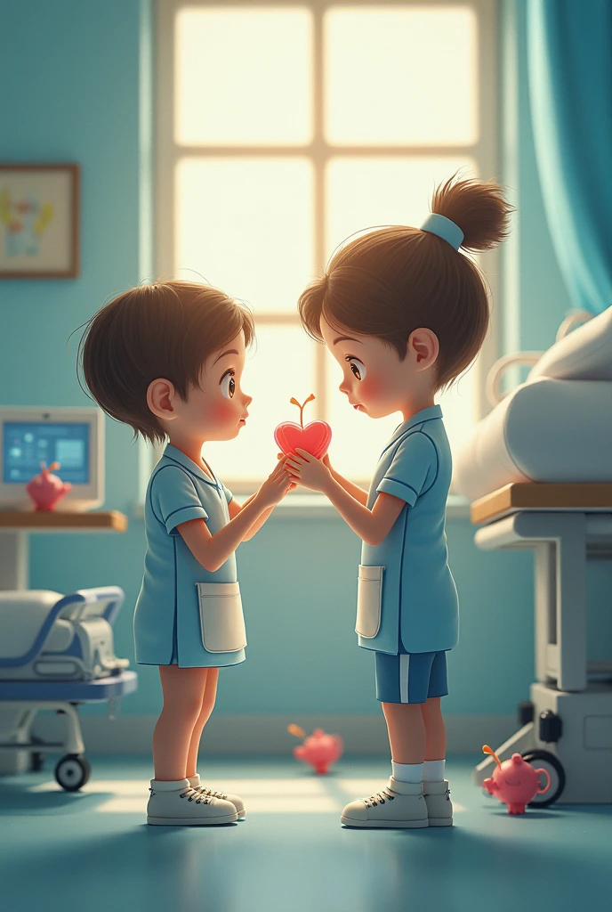 3d Animate style A cozy hospital room with soft lighting. A nurse, cute Korean woman Lovely very large breasts wearing a traditional uniform, is sitting beside a hospital bed. Pappu, a mischievous man with a playful expression, is standing nearby. The atmosphere is light and casual.