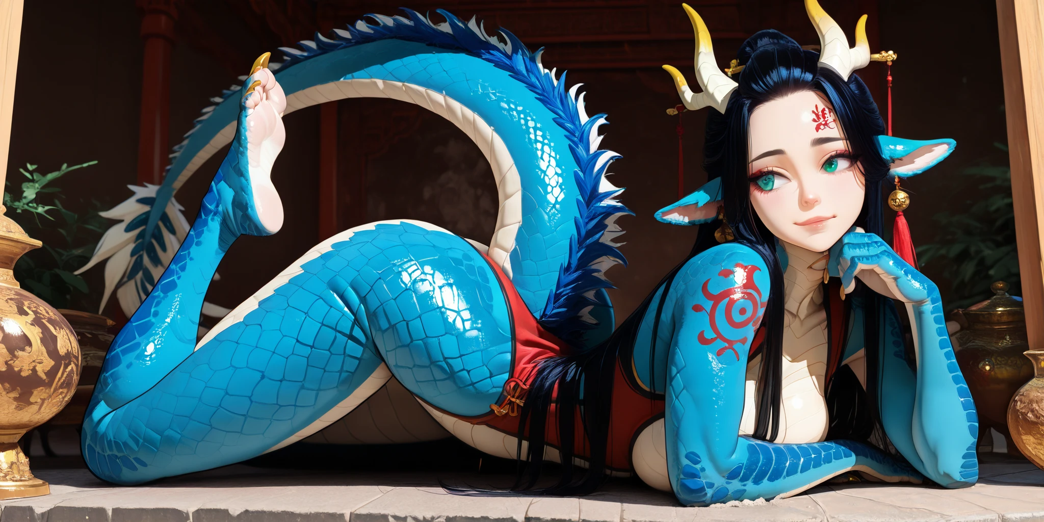 ((Highest quality、unity 8k wallpaper、32k、masterpiece、Very detailed、Ultra-high resolution、Ultra-high resolution、 Very detailedな顔, RAW Photos, Professional, Ultra-fine painting, Anatomically Correct Lizard Girl)) Yui Kotegawa transforms into a Blue Dragon, kotegawayui, Long black hair, Yellow Eyes, ((Reptile Eyes))、mouth with sharp fangs,、(From shoulder to collarbone、It is covered with fine scales up to its neck.)、(((In the ass、Juxtaposition, Impressive lizard tail stretching from tailbone to spine))) 、((Dragon legs with sharp claws、Fine blue scales that stretch like socks down to the thighs、Fine blue scales that grow like long gloves、Long nails))、Nipples are fully visible、((There are fine scales on the sides、It has fine blue scales growing around its waist..., Scales on the back、Scales from flank to thigh))、(The boundary between the scales and the skin is unclear)、((A small fin on the spine that continues to the tail))、(((Giant blue bat wings growing from the shoulder blades on his back)))