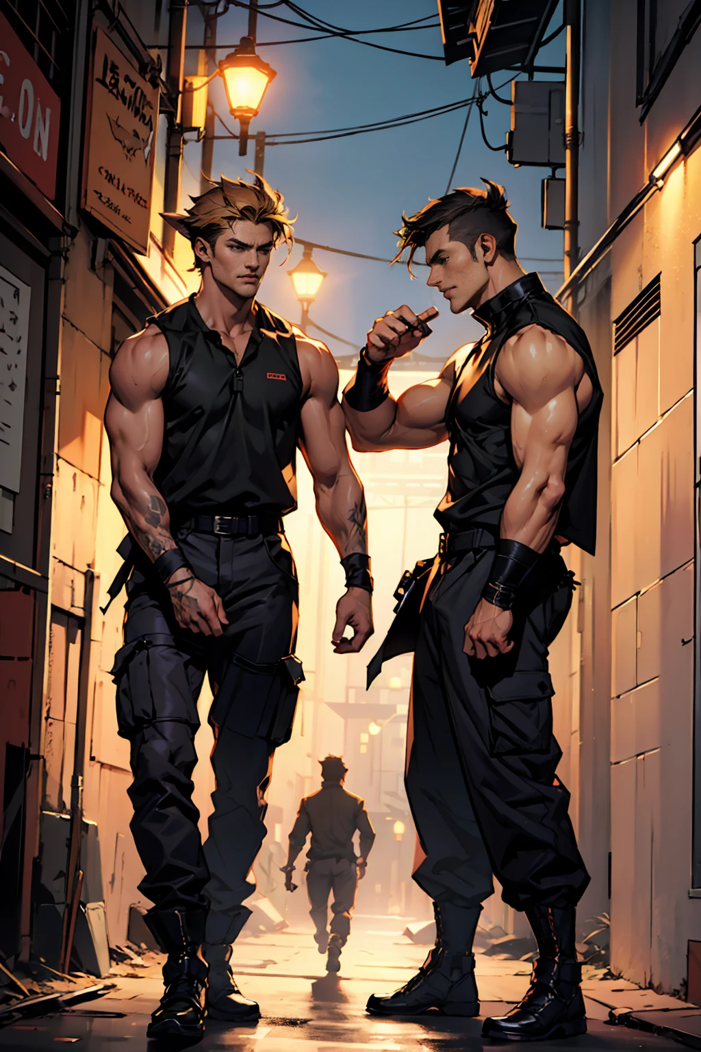 Young man, short blond hair, handsome face, tired expression, green eyes, large muscles, hyper pectoral, thick thigh, large butt. He's wearing a low-cut tank top, black pants, a backwards hat, and a silver chain around his neck, Big bulge. Scenery, party at night.