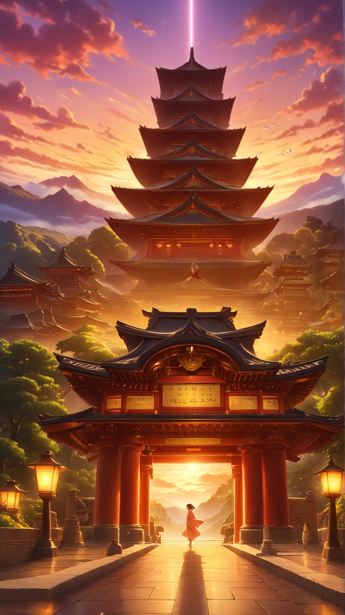 Ultra-detailed 4K anime background of a breathtaking floating island high above the clouds, inspired by Studio Ghibli, Makoto Shinkai, and ultra-realistic anime aesthetics. A majestic ancient temple, adorned with intricate golden carvings and surrounded by cherry blossom trees in full bloom, stands at the heart of the island. The temple's red torii gates mark the entrance, leading to a stone path covered in soft moss, winding through the floating paradise.
The floating island is covered in lush greenery, with cascading waterfalls flowing off its edges, their mist shimmering under the golden sunlight. Below, a vast ocean of clouds stretches endlessly, glowing with soft hues of pink, orange, and purple as the sun begins to set. Small floating lanterns drift gently in the air, their warm light flickering like fireflies.
In the distance, additional floating islands of varying sizes hover gracefully, some with towering trees and others with waterfalls that disappear into the clouds below. A flock of white birds soars through the sky, their wings catching the sunlight. A lone traveler, dressed in a flowing robe, stands at the temple's entrance, gazing at the infinite horizon with awe.
This scene captures the perfect blend of serenity, fantasy, and realism, making it ideal for a mesmerizing anime-style wallpaper. The colors are vibrant yet balanced, with soft gradients in the sky, deep greens in the foliage, and warm golden light illuminating the scene.
**Style:** Viral anime background, Studio Ghibli-inspired, ultra-realistic, Makoto Shinkai-style lighting, cinematic depth, painterly yet highly detailed textures.
**Resolution:** 4K UHD, ultra-sharp edges, smooth and lifelike shading.
**Aspect Ratio:** 16:9 (perfect for wallpapers).
**Lighting:** Warm sunset glow, atmospheric mist, floating lantern reflections.
**Color Palette:** Soft pinks, deep blues, warm golden tones, ethereal purples.
**Atmosphere:** Dreamlike, serene, magical yet realistic.