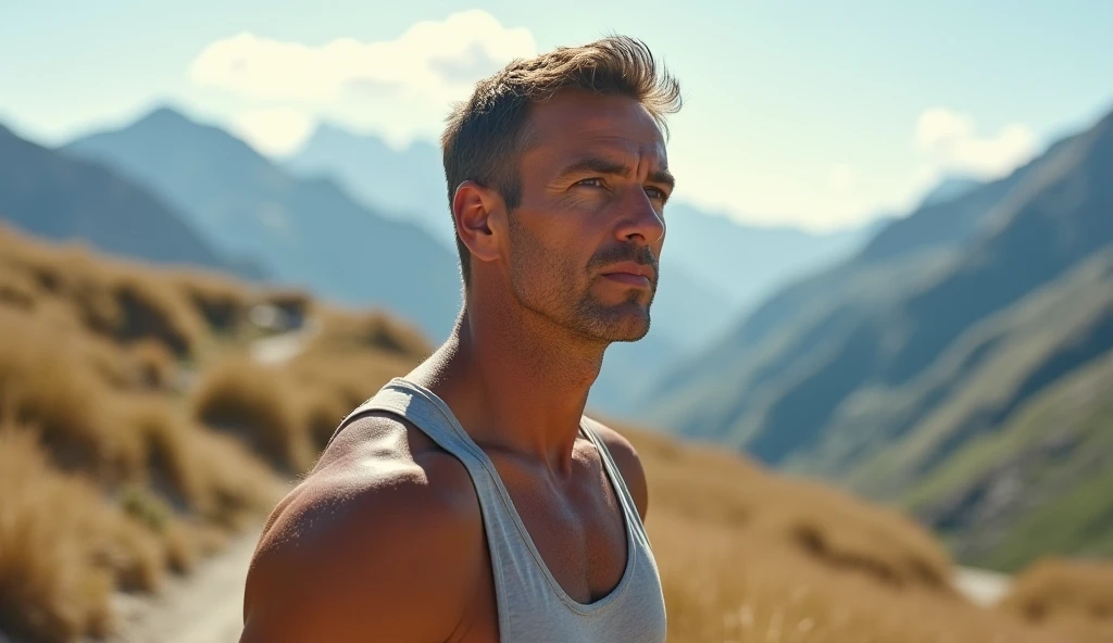 **Description:**
The scene captures a moment of serene connection with nature, featuring a blonde male model with striking blue eyes that add to his undeniable charm. His athletic and toned physique is prominently displayed as he is shirtless, wearing only a pair of lightweight, stylish shorts. The shorts, in a neutral earth tone, complement his sun-kissed skin and exude both comfort and casual summer style.
**Situation:**
In this breathtaking and sunlit scene, the model stands confidently on the edge of a high mountain lookout, overlooking a lush, flower-filled valley below. The expansive view reveals a colorful tapestry of blooming wildflowers, with vibrant hues of purples, pinks, and yellows stretching across the valley floor. The sky above is a clear, bright blue, and the sun’s warm rays illuminate the model’s defined muscles and the rich textures of the surrounding landscape.
His stance is poised and contemplative, with one hand resting lightly on a rock or railing and the other casually by his side. His gaze is directed towards the valley, his expression a blend of awe and tranquility, as he takes in the stunning beauty of the floral landscape and the expansive horizon. The gentle breeze rustles through his blonde hair, adding a sense of movement and life to the scene.
The natural lighting enhances the model’s features and the vibrant colors of the valley, creating a peaceful, harmonious atmosphere. The combination of the model’s relaxed demeanor and the vivid, natural setting captures the essence of a summer escape—where the beauty of nature meets effortless style.
**Keywords:** summer, fashion, mountain, valley, shirtless, shorts, model, nature, flowers, scenic, outdoors, tranquility, natural beauty, relaxed, stylish, toned, captivating.