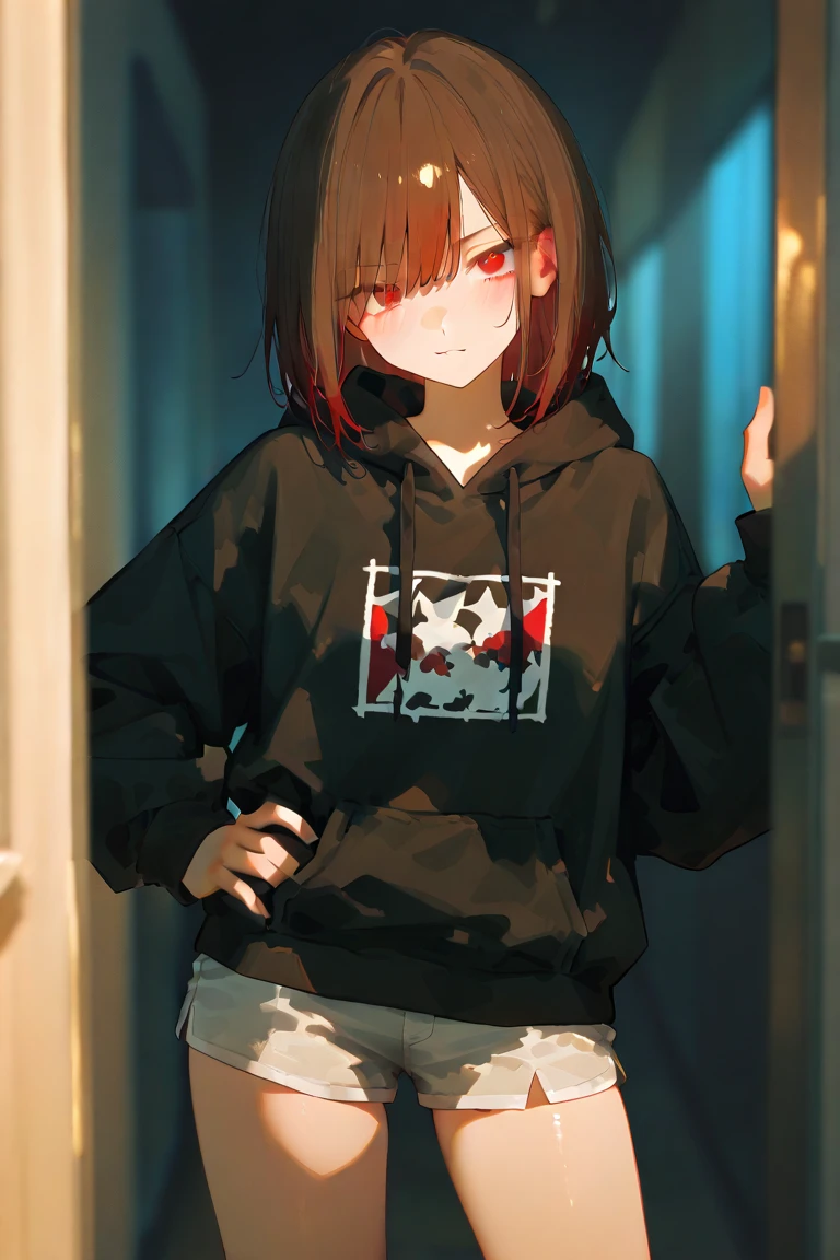 Girl, short height, brown eyes, brown-black hair, square face shape, Fun Medium Messy hair, some spilling over her face, fairly short hair, red scarf with black stripes, black hoodie, gray sneakers, a pencil it's shis hand