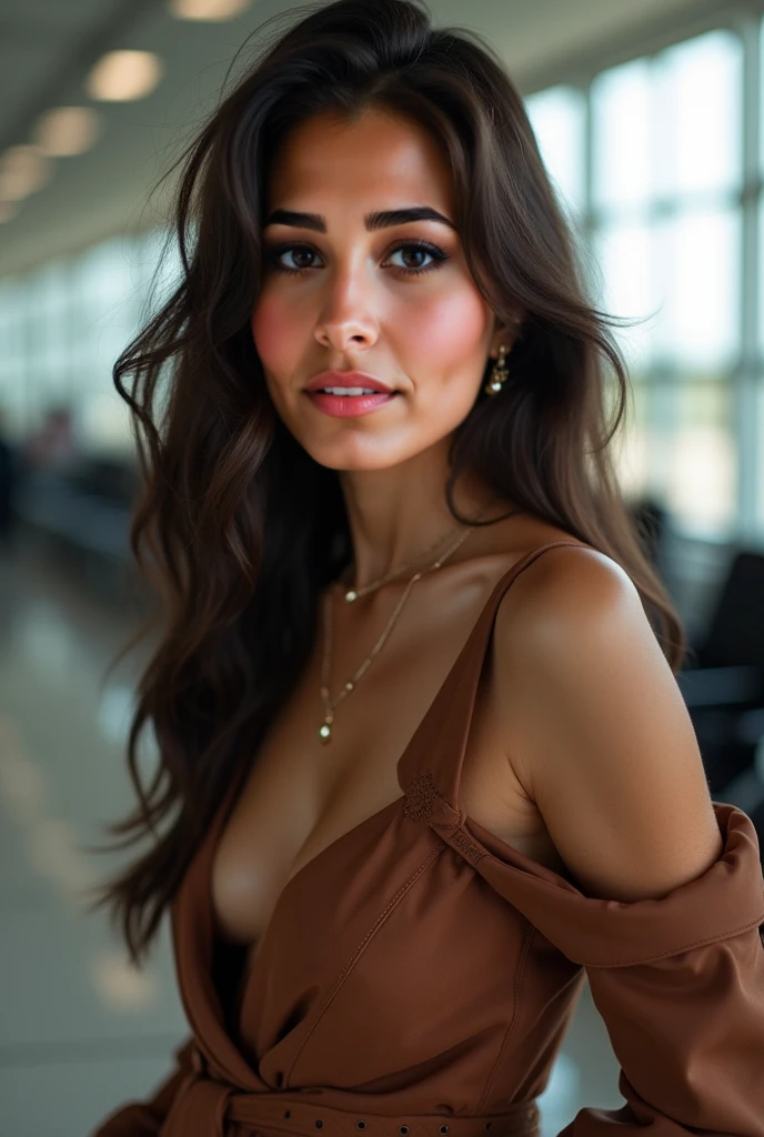 tenue robe avec sac a main, airport,  Complex and detailed, 24 ans, expression souriante, Long wavy hair, yeux marrons, high resolution, chef-d&#39;artwork, Best quality, very detailed, Sharpness, Textured skin, Realistic skin texture, detailed eyes, professionnel, 4k, Sourire charmant, captured on Canon, 50 millimeters, faible profondeur de champ, Kodak Vision Couleur, tenue traditionnelle superbement ajustée, Extremely detailed, photoRealistic, Realistic, Post-traitement, Maximum details, roughness, la vraie vie, ultra-Realistic, photorealism, la photographie, 8K UHD
