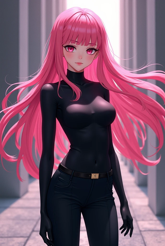 a brown woman, with long pink hair that goes down to her hips, she has a defined body, her eyes are red, her face is thin and defined, her mouth is full, she has the image of a dragon on her face. his right arm, his clothes are a jumpsuit with open sleeves and a V-shaped neckline, his height is 1.78.