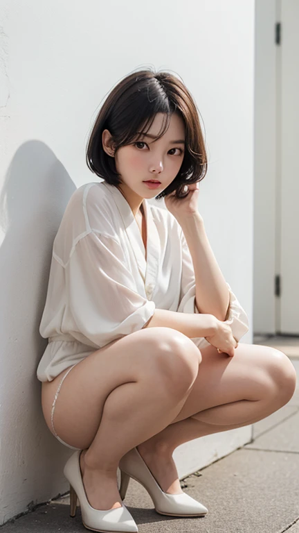 best quality， masterpiece， ultra high resolution， （realistically：1.5）， RAW photos，  Shoulder， in the dark night， deep shadow， low pitch， cold light， look， Short hair details，1 girl，White short socare chest，Bad milk，No shoes，legs are open，Big shot pose