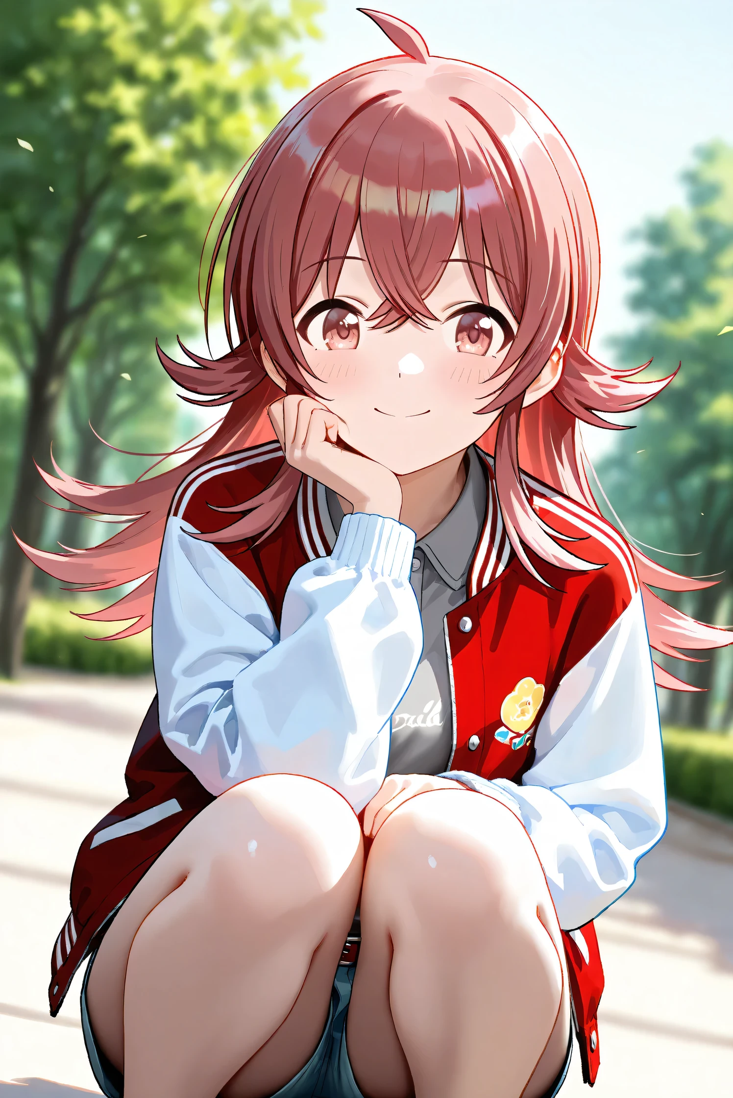(Masterpiece), (Highest quality), (Very detailed),
(The best shape), (Best Shadow), (Absurd),
(Detailed background), (So beautiful), Shiny ,
Beautiful eyes in every detail, Extraordinary, Countershading, 8k, 32K, High resolution,
Very Detailed CG,
Score_9, Score_8_up, Score_7_up, Source_anime,
(Pastel painting:1.2), (Watercolor painting:1.2),
(Masterpiece, Detailed:1.2), (Foreshortening:1.2),
Cinematic, Dramatic, (Depth of field:1.4),
(Blurry background:1.4), (Realistic background:1.4),
(Foreshortening:1.3),Dynamic angle, From front,
1 girl,
Outdoor, Nature, Park, Wind,
Komiya Kaho, komiya kaho,
the idolmaster shiny colors,
long hair, red hair, red eyes, hair between eyes, ahoge, (medium breasts:0.7),
(Casual wear:1.3),
(Collared shirt:1.1), (Gray shirt:1.2), (Plain shirt:1.3),
Souvenir Jacket, Open jacket, Red jacket, Long sleeves, White sleeves, Plain jacket,
Hot pants, Turquoise hot pants,
belt, red belt,
Focus on face, Squatting, Head rest,
(Blush:1.3), Smile, Happy,
pup her face on plams,
Realistic skin, Shiny skin,