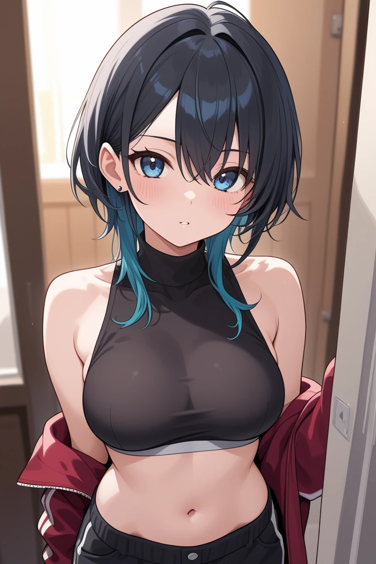 highest quality,wonderful,finely,extremely detailed CG Unity 8K wallpaper, (1 girl,black hair, blue eyes,glasses, short hair, double bun), (midium breasts:1.2), (school swimsuit:1.1), (bare shoulders:1.1), (clavicle:1.1), (underboob:1.3), (open mouth:1.2), (long tongue:1.2), (mouth drool:1.2), (zettai ryouiki:1.2),(constriction:1.2), (Are standing:1.2)