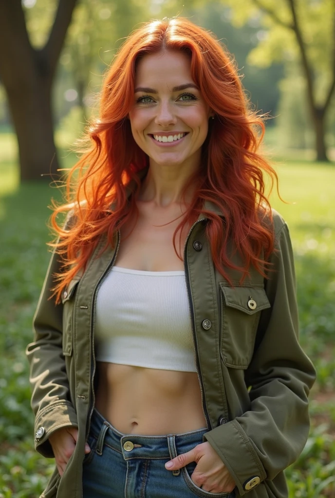 Portrait of Felicia Campbell sitting in a bench listening to music: solo, 1girl, age:40, adult, tall, athletic, thin, smooth fair skin, freckles, natural ginger hair with slight waves, (ginger), (red hair), deep green eyes, naturally arched eyebrows, straight nose, wide lips, ((ruby nostril piercing)), airpods, white lycra tank top, light gray hoodie visible at neckline, warm playful smile, outdoors, city park, (close-up:1.4), realistic, masterpiece, correct anatomy, sharp focus, field of view