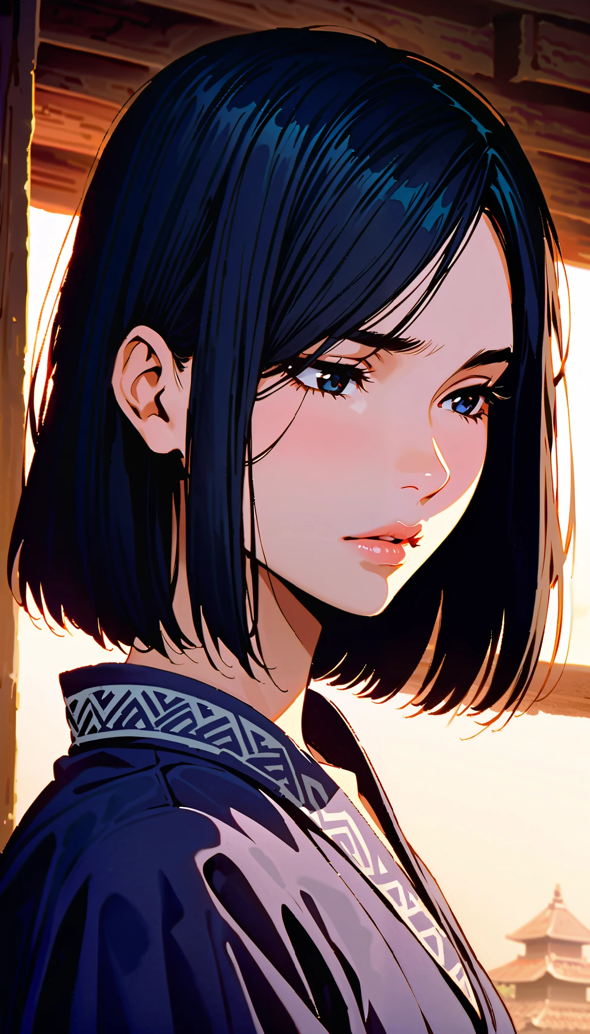 vintage movie, girl, short hair, navy hair, straight hair, woman body, solo
, hyuga clan, shinobi village, konohagakure, (((perfect lips))), perfect hair, looking down, shy, melancholic, ((young)), ((19 years old))