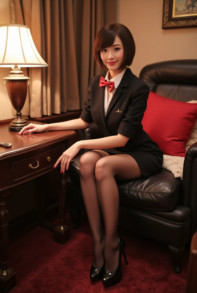 Full body view, feet in view, 21 year old woman), (highly detailed face:1.4) (smile:0.7) (background inside dark, moody, private study:1.3) POV, by lee jeffries, nikon d850, film stock photograph ,4 kodak portra 400 ,camera f1.6 lens ,rich colors ,hyper realistic ,lifelike texture, dramatic lighting , cinestill 800, flight attendant uniform, no shoes, short skirt, sitting at home, soles toward audience, no shoes, pantyhose, no shoes