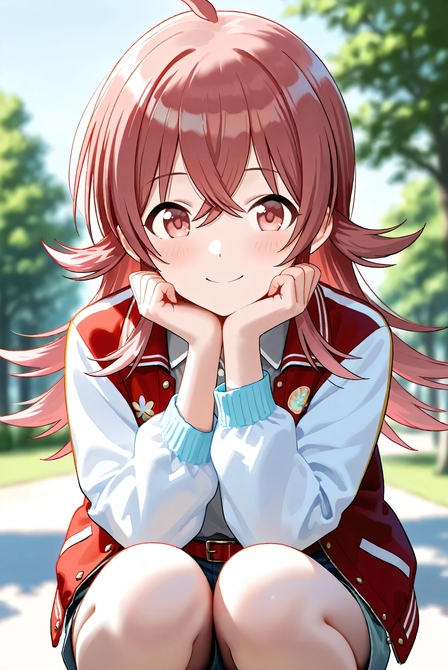 (Masterpiece), (Highest quality), (Very detailed), 
(The best shape), (Best Shadow), (Absurd), 
(Detailed background), (So beautiful), Shiny , 
Beautiful eyes in every detail, Extraordinary, Countershading, 8k, 32K, High resolution, 
Very Detailed CG,

Score_9, Score_8_up, Score_7_up, Source_anime, 
(Pastel painting:1.2), (Watercolor painting:1.2),
(Masterpiece, Detailed:1.2), (Foreshortening:1.2),

Cinematic, Dramatic, (Depth of field:1.4),
(Blurry background:1.4), (Realistic background:1.4),
(Foreshortening:1.3),Dynamic angle, From front,
1 girl,
Outdoor, Nature, Park, Wind,

Komiya Kaho, komiya kaho,
the idolmaster shiny colors,
long hair, red hair, red eyes, hair between eyes, ahoge, (medium breasts:0.7),

(Casual wear:1.3), 
(Collared shirt:1.1), (Gray shirt:1.2), (Plain shirt:1.3),
Souvenir Jacket, Open jacket, Red jacket, Long sleeves, White sleeves, Plain jacket,
Hot pants, Turquoise hot pants, 
belt, red belt,

Focus on face, Squatting, Head rest, (Close up shot:1.2),
(Blush:1.3), Smile, Happy,
pup her face on plams,
Realistic skin, Shiny skin,