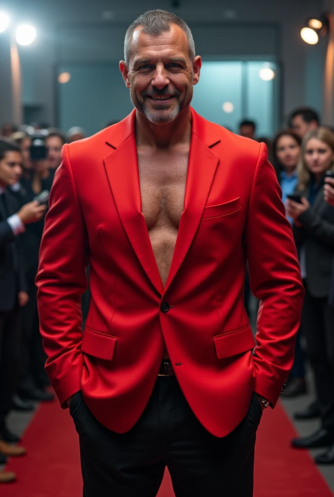 Pipe bueno goes shirtless in front of crowded people on a City Street.his nipple touched by the Guy. He gigles. He laugh. The wind blow the coat. He just wear the red suit with no Shirt inside. 