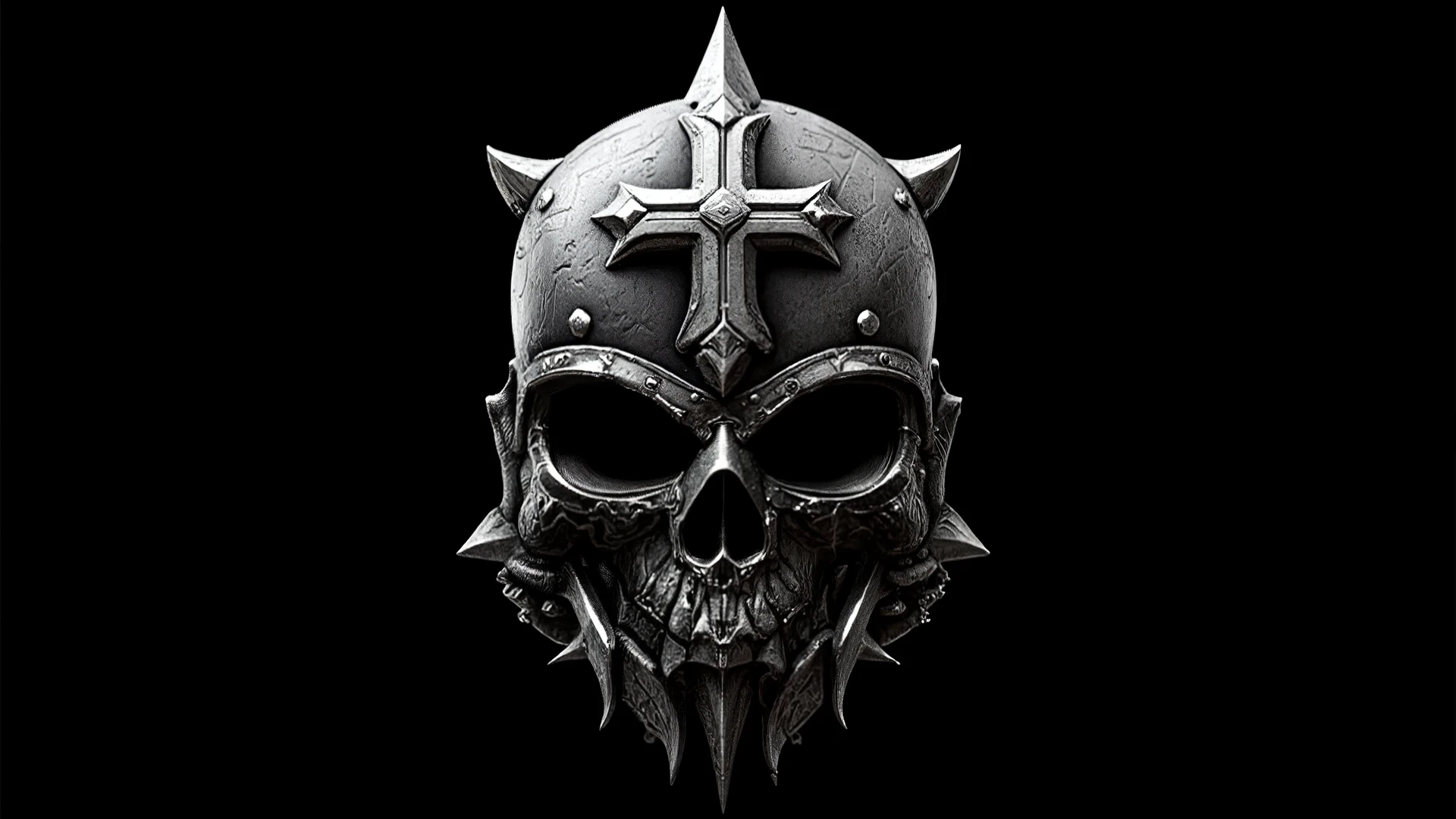 corporate_logo, black_background, gothic_styled, silver_bloodstained_warhammer logo super imposed on a crushed helmet. Gothic barbarian look and feel