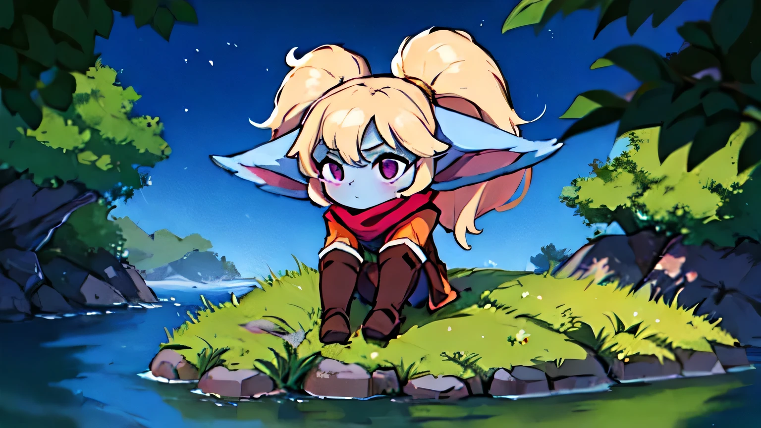 Poppy sitting on the riverbank, looking at the water, beautiful and cute. /Purple and pink colors are predominant. /Anime style. /Studio Ghibli style.