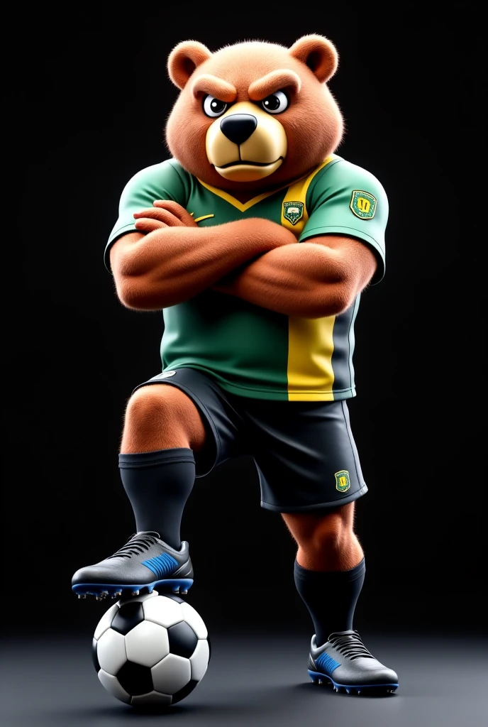 A mascot for the Brazilian football team represented by a strong and imposing Rottweiler in a white and gold uniform holding a Brazilian football.