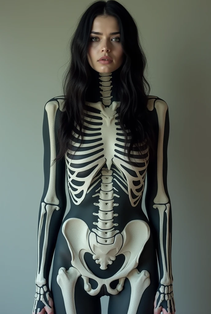 woman arms behind head, body leaning forward slightly, legs crossed, thoughtful and relaxed body language, wearing rubber gimp suit, grotesque, abstract, x-ray art, <lora:DeconDada-000008:0.7>