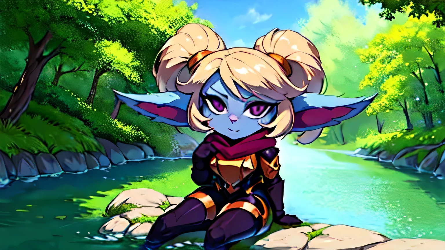 Poppy sitting on the riverbank, looking at the water, beautiful and cute, but at the same time, she is provocative and sexy. /Purple and pink colors are predominant. /Anime style.