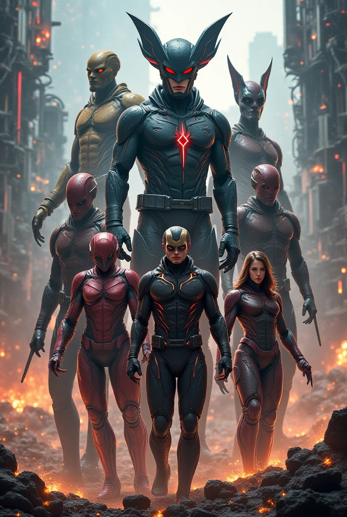 Make a group of superheroes of women and men with different colored futuristic style suits fighting a long-haired blond man, wearing black pants and black boots, His body has tattoos with red demonic symbols, this has the power of energy