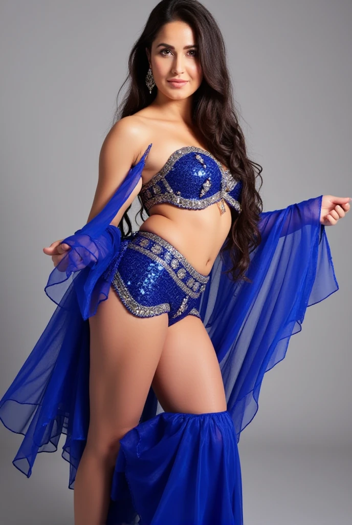 bra: see-through, red, gold studs; skirt: super short, blue metallic mesh;