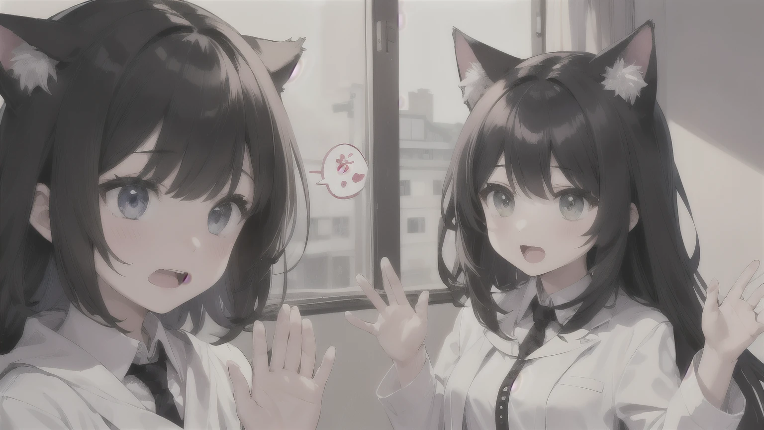 1 girl、white shirt、white coat、black hair、Cat Ears、 raises her hands、Hurrah!、Surprised face when she opened her mouth