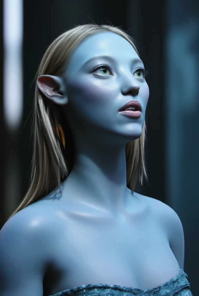 Naked tall blue alien with a slender tail, dark blue nipples