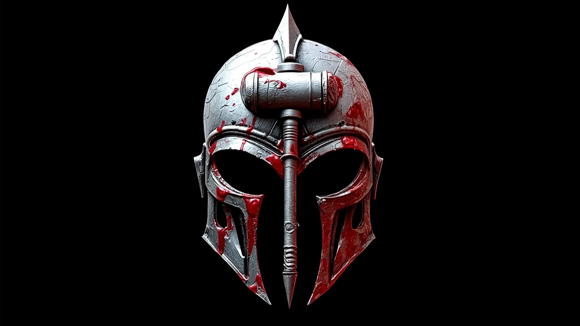 corporate_logo, black_background, gothic_styled, silver_bloodstained_warhammer super imposed on the forehead of a crushed helmet. Gothic barbarian look and feel