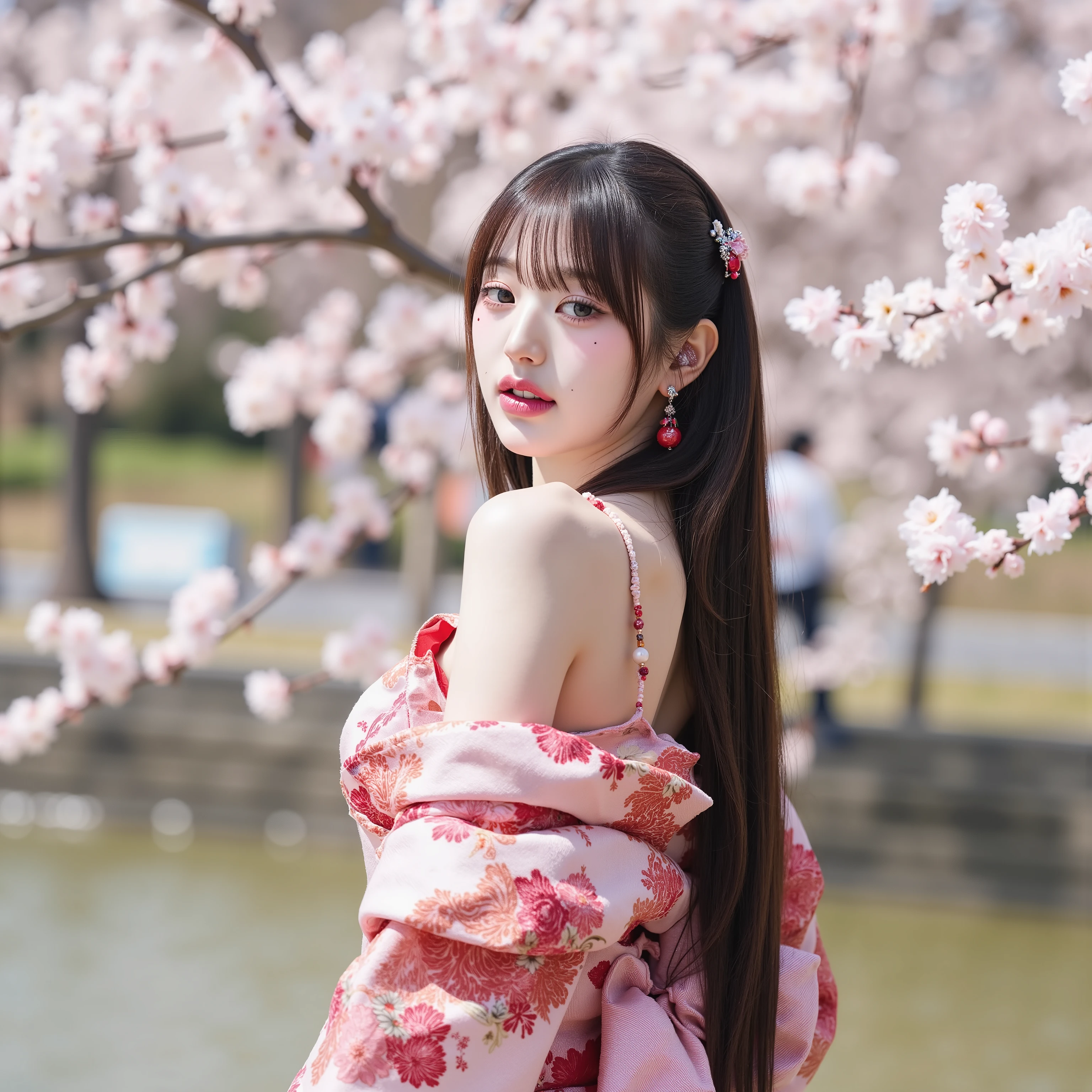 8K, ultra-detailed, close-upshot, 8(realistic, photo-realistic:1.4),girl, in park, (masterpiece,best quality:1.2), RAW photo, high resolution, intricate details extremely detailed, realistic and sharp details, hanami in park, many sakura trees, sakura flie, sakura blossoms season, at japan , arashiyama river, traditional japanese ship, wearing sexy kimono,